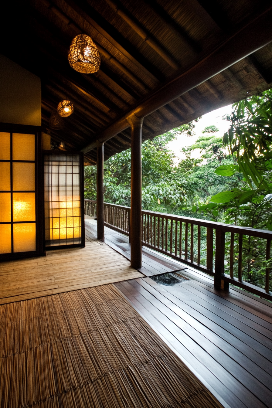 Elevated platform with sliding Shoji screens. Bamboo mat flooring.