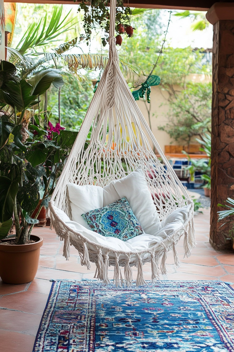 Bohemian patio. White macramé hanging chair against terracotta tiled backdrop with a blue Kilim rug.