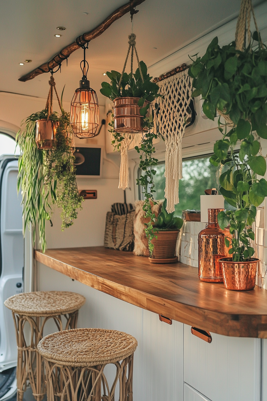 Bohemian camper kitchen. Macramé hanging snaked plants on copper lanterns over rattan bar counter.