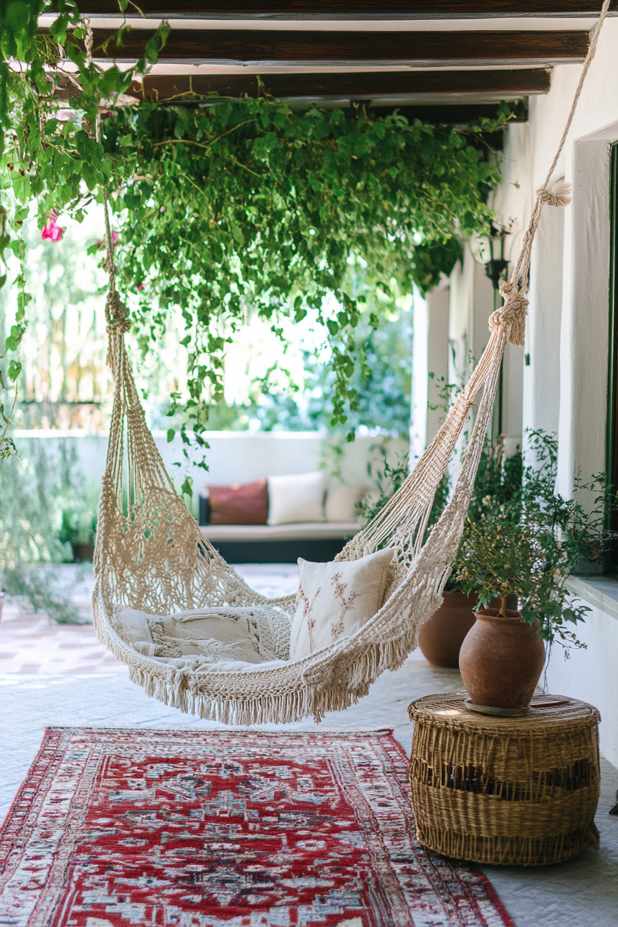 Bohemian patio. Macramé hanging chair, rattan accent table, layered red Kilim rugs.