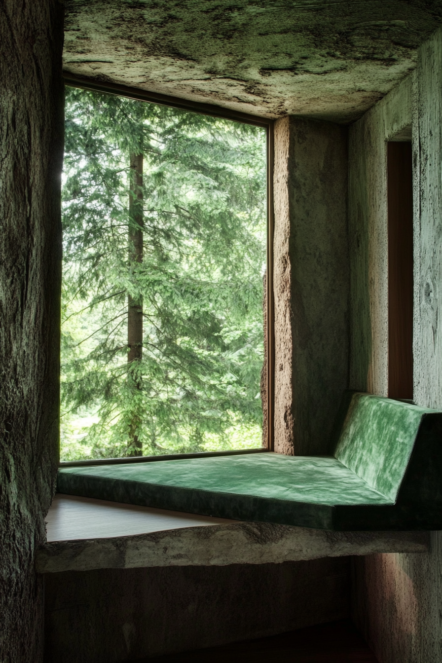 Window alcove concept. Floating bench with hidden storage in forest green.