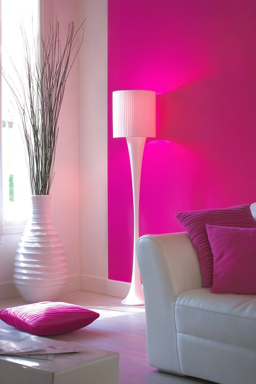 Tiny home decor. Neon pink accent wall with contrasting white furniture.