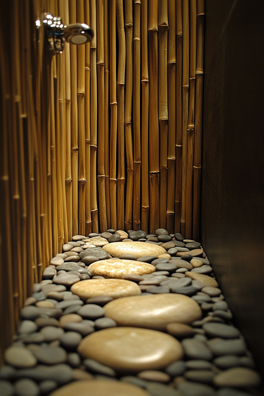 Tiny eco-bathroom concept. Bamboo wall panels, and river rock shower base.