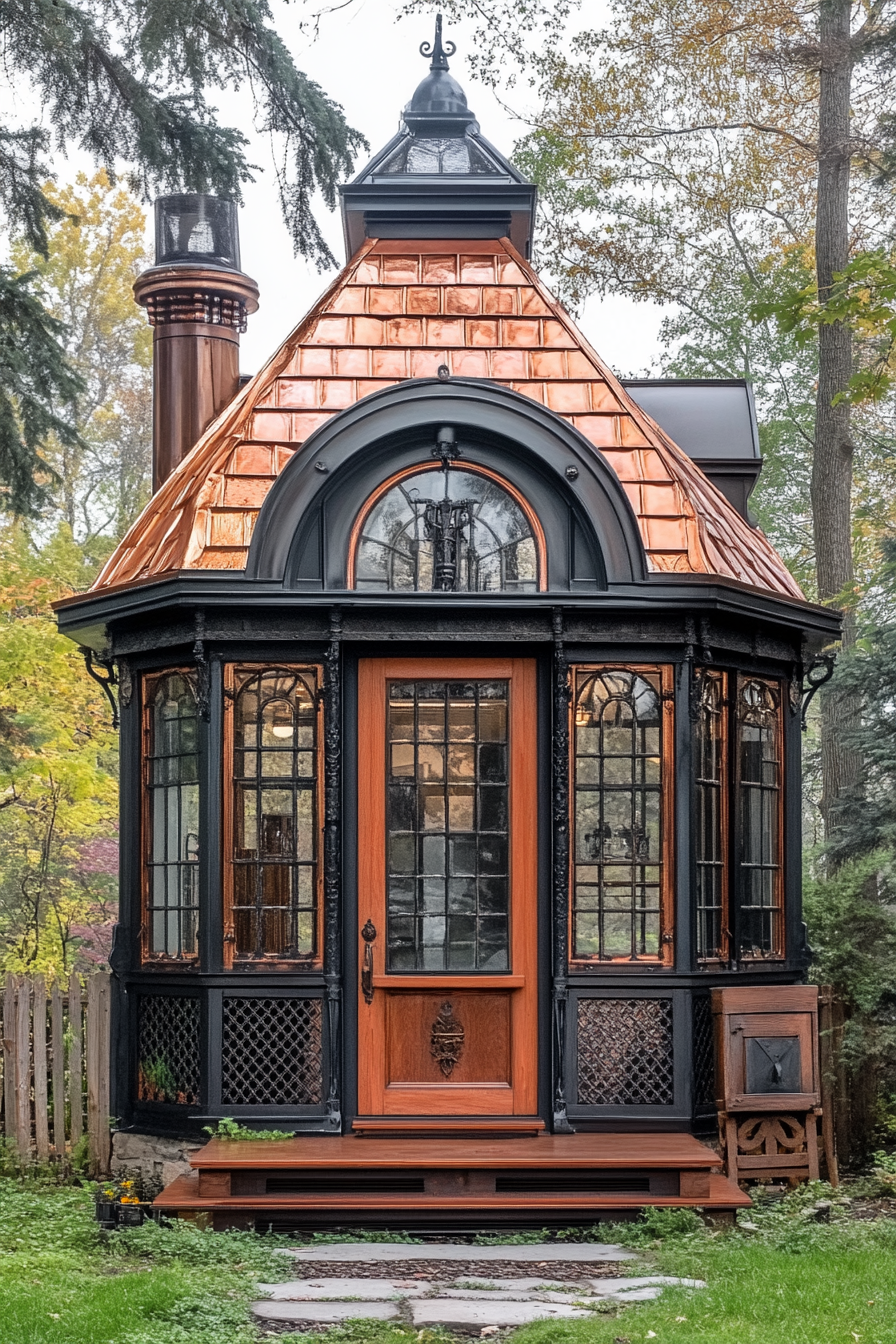 Steampunk micro home. Copper roof, glass windows with iron grating, wooden front door.