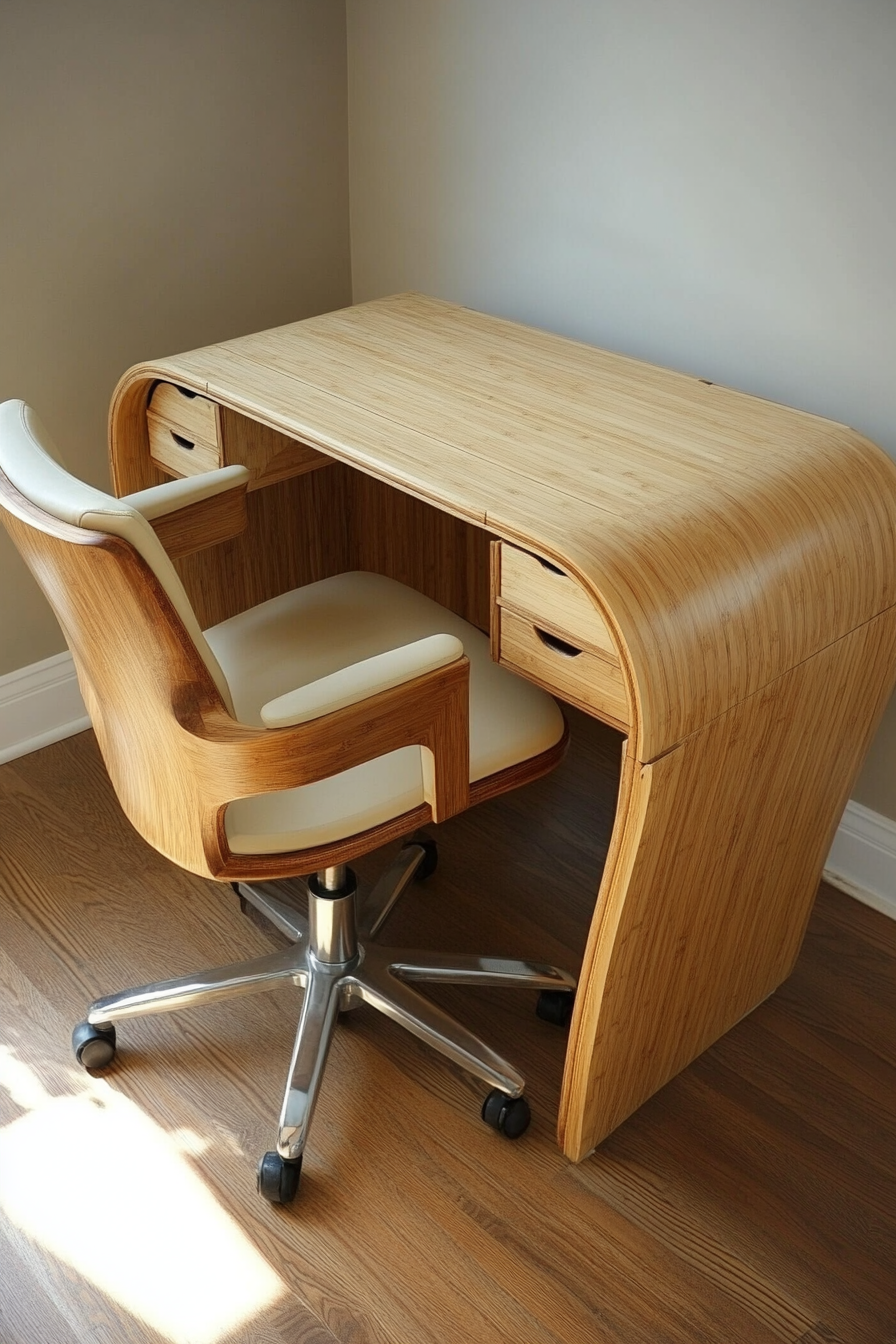 Compact workspace. Natural bamboo desk with cream office chair.