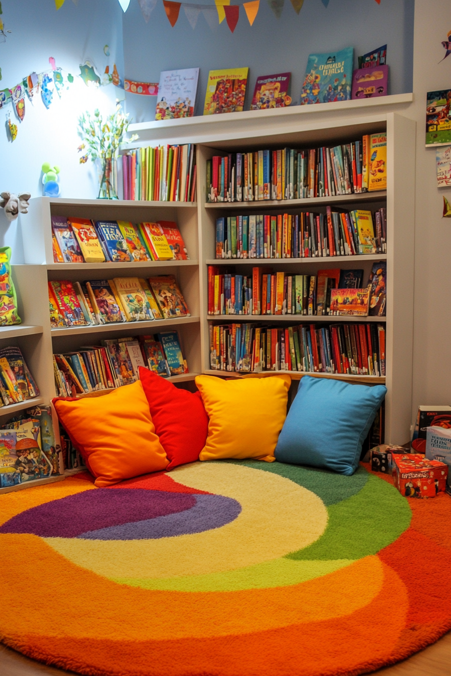 Child-Sized Library Concept. Bright floor cushions around a low round bookshelf.