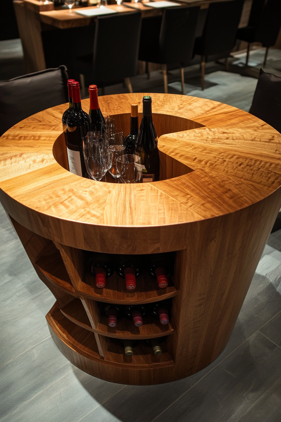 Hidden compartment dining table. Round-shaped with inbuilt wine rack for small spaces.