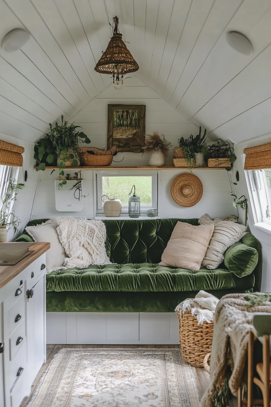 Upper level Bohemian tiny home design. Velvet green couch with beige Rattan light fixtures.