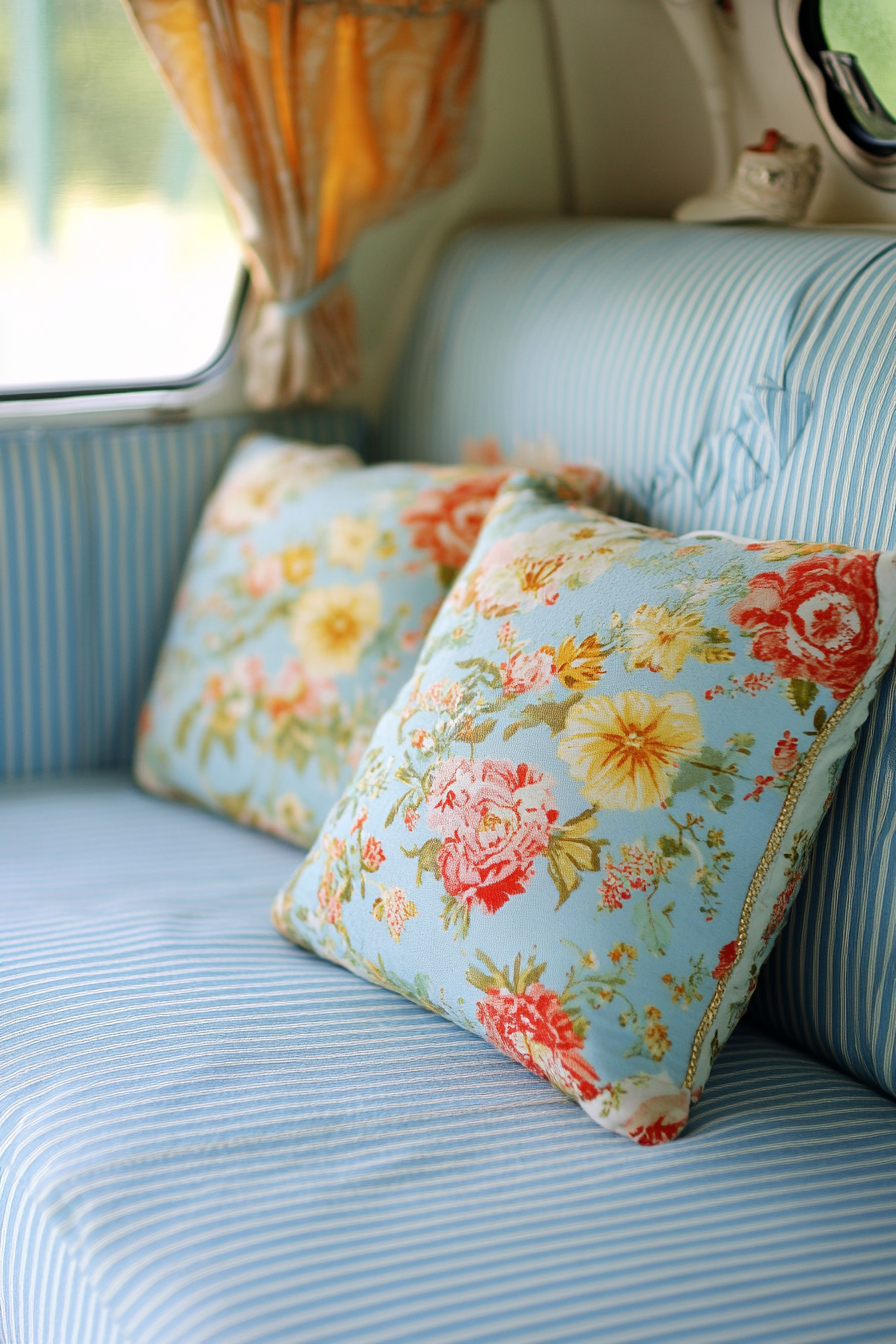 Camper design. Baby blue stripe-patterned sofa with chintz pillows.