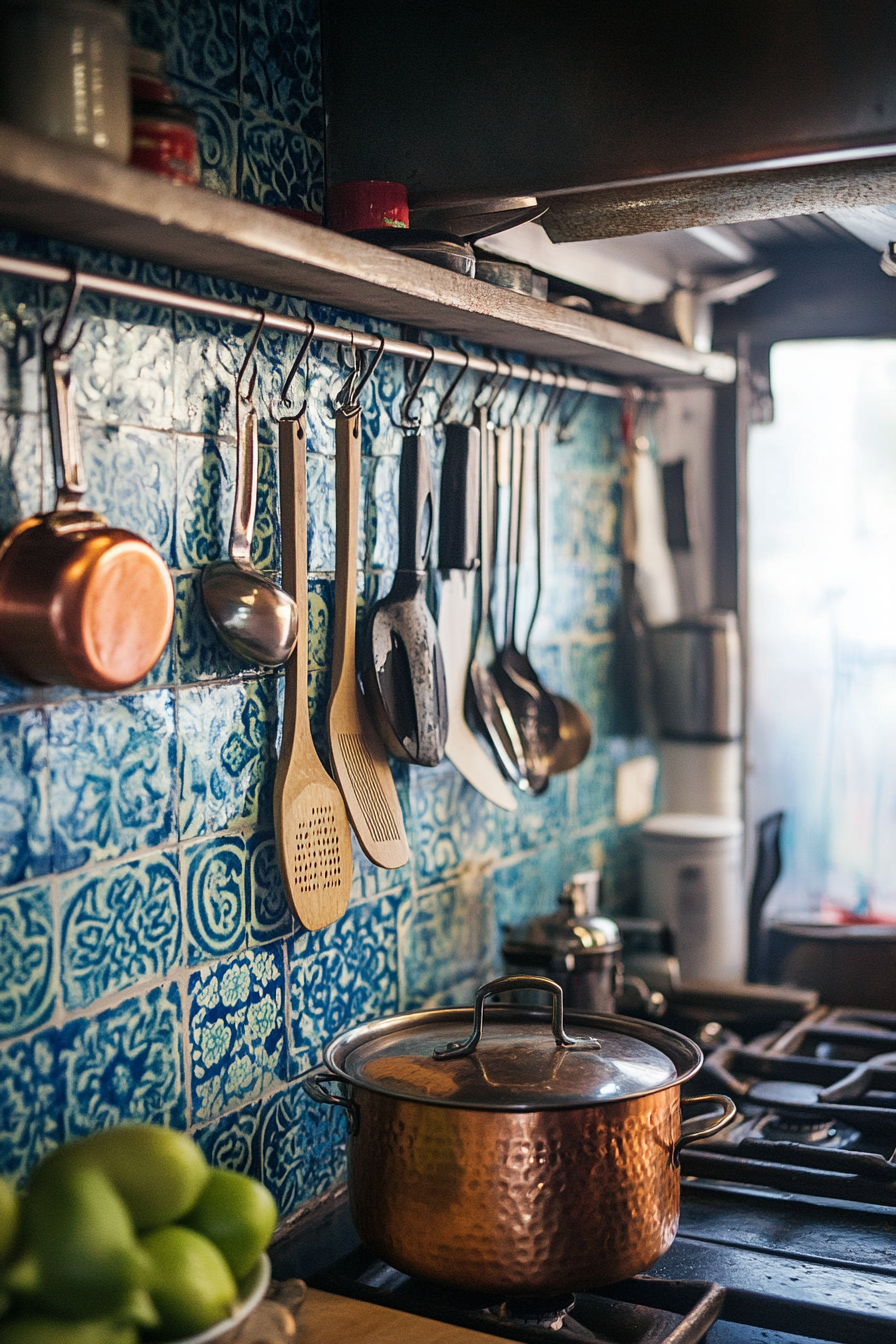 Tiny cooking space idea. blue Moroccan tiles, copper pots, and hanging utensils.