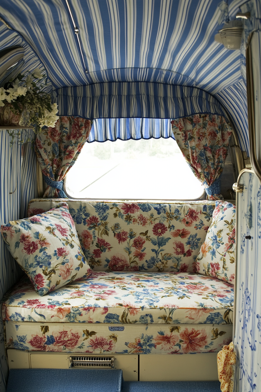 Camper design. Chintz floral upholstery with striped blue-and-white awning.