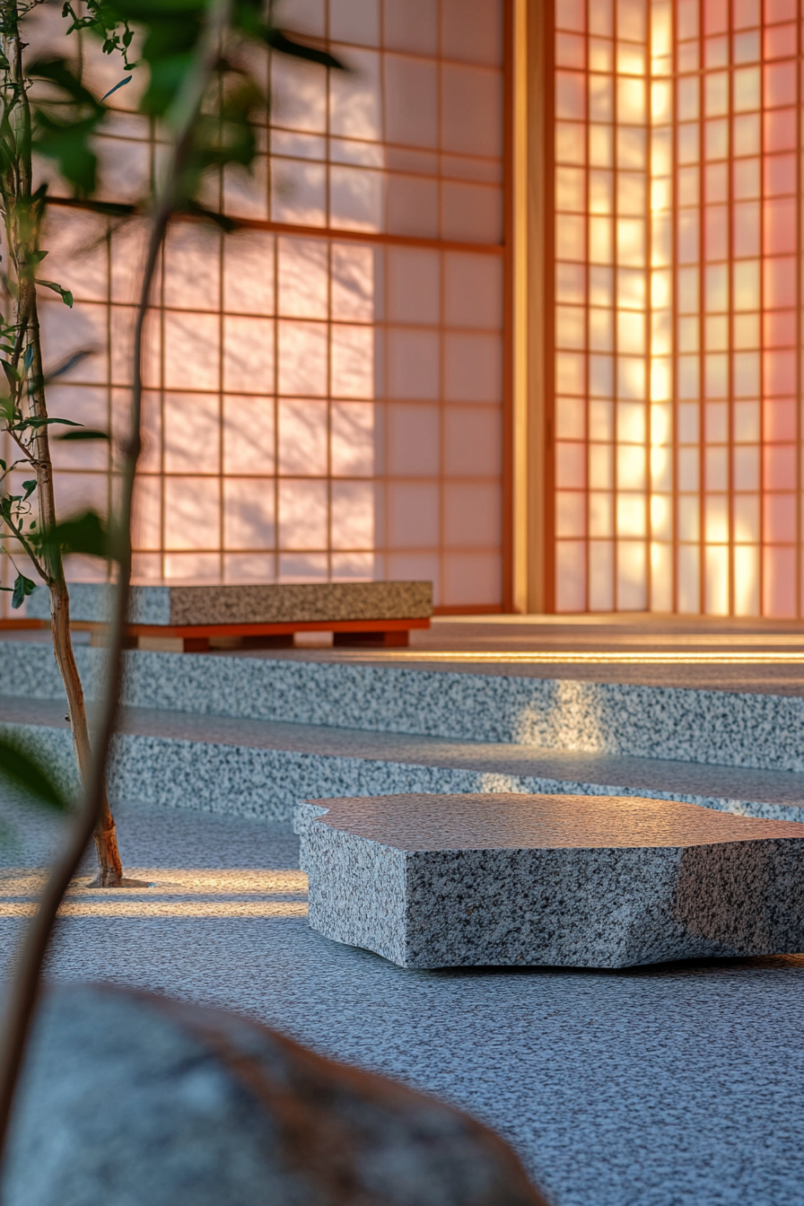 Elevated platform zen camp. Cypress on shinjuku granite platforms with pastel-colored shoji screens.