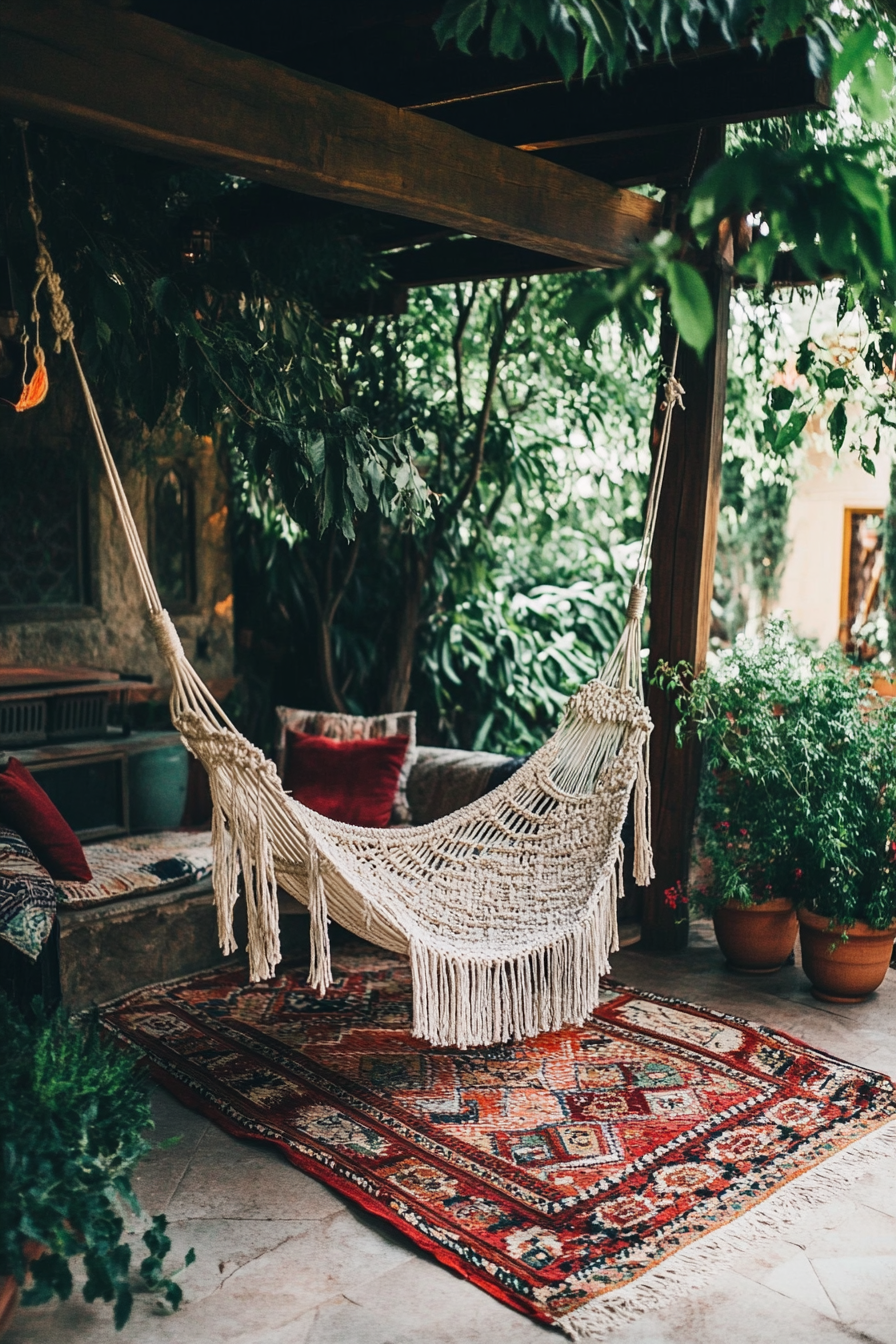 Bohemian patio. Macramé hanging chair, fringed canopy, layered kilim rugs in warm earthy hues.