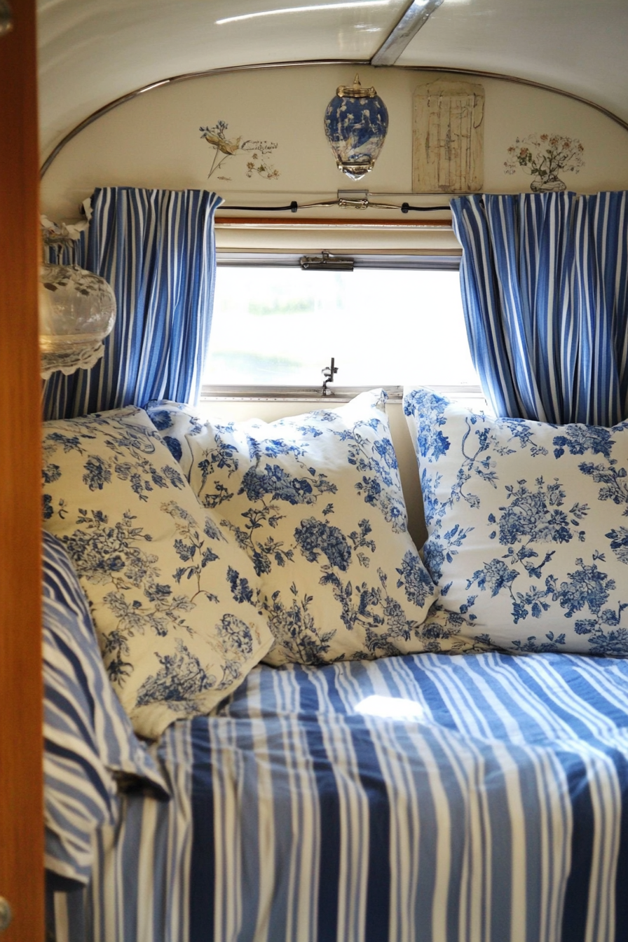 Camper design. Chintz bedding with striped blue and white curtains.