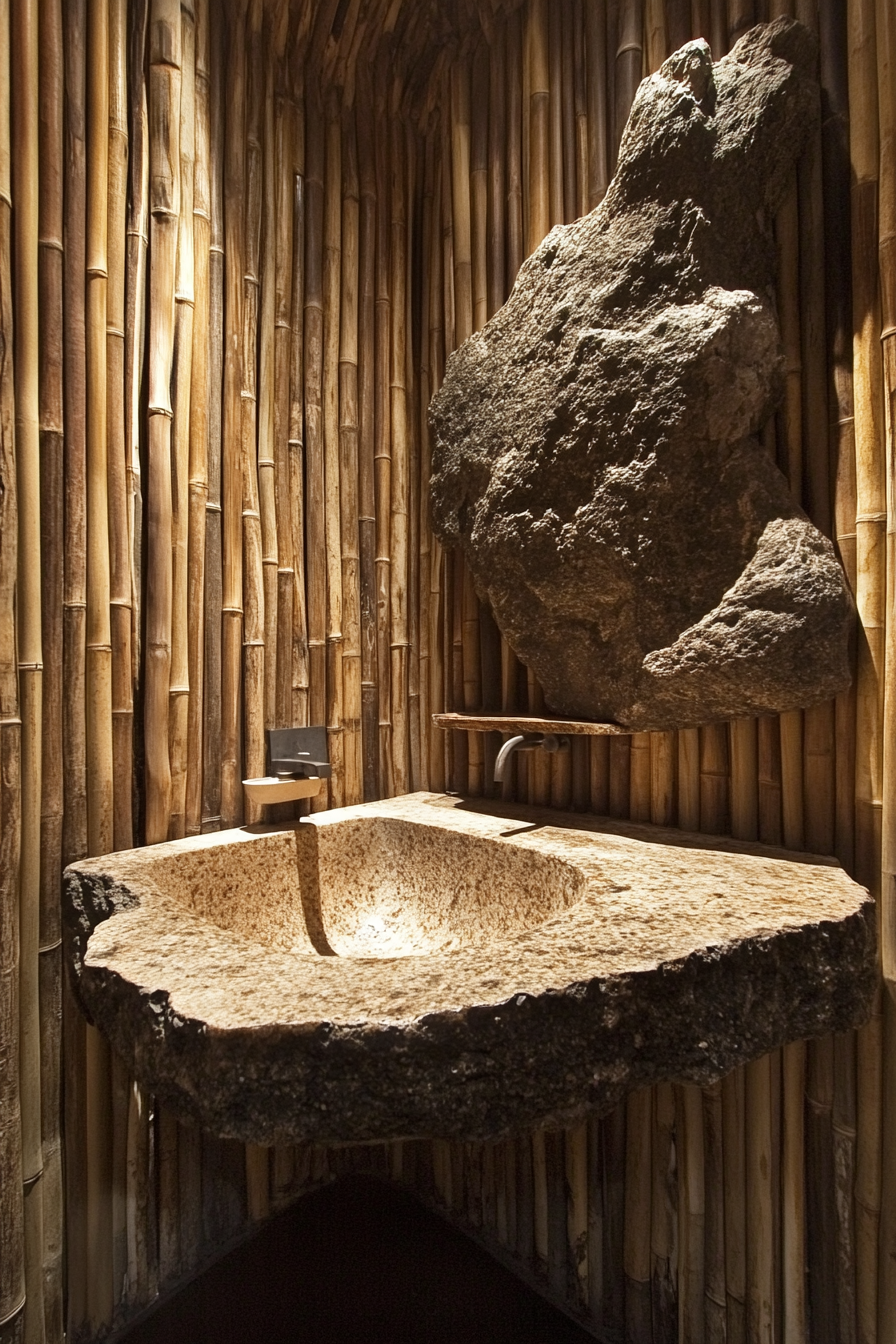 Eco-Bathroom Concept. Bamboo walls with mounted river rock sink.