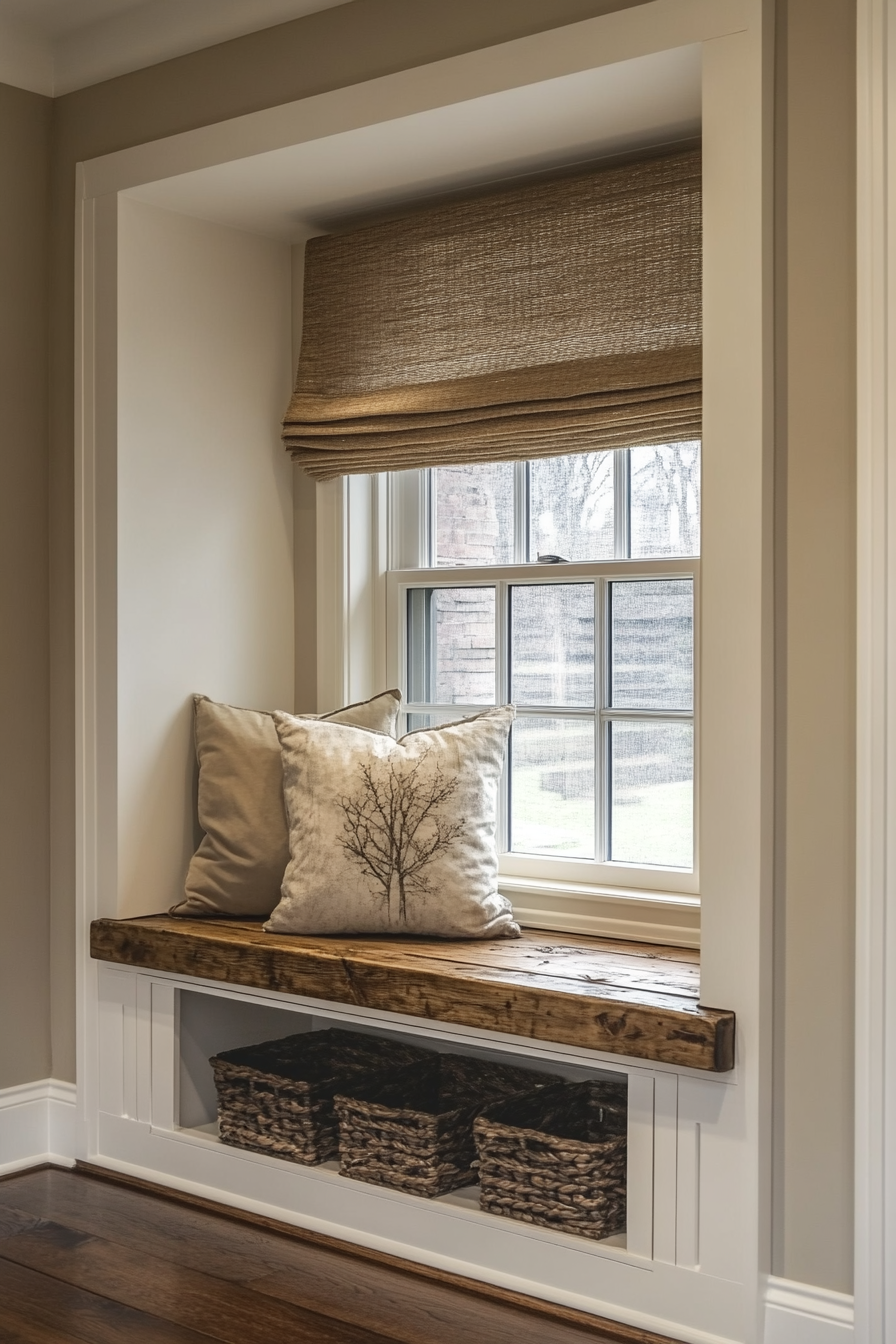 Window alcove concept. Floating bench with hidden storage in distressed oak.