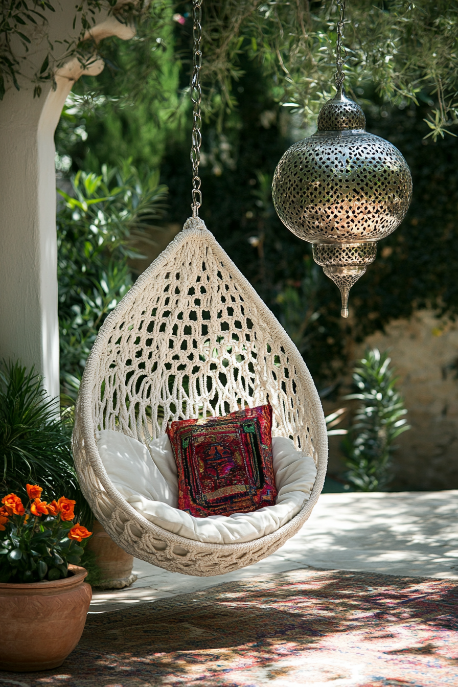 Bohemian patio. Cream macramé hanging chair beneath an intricate silvery moroccan lantern.