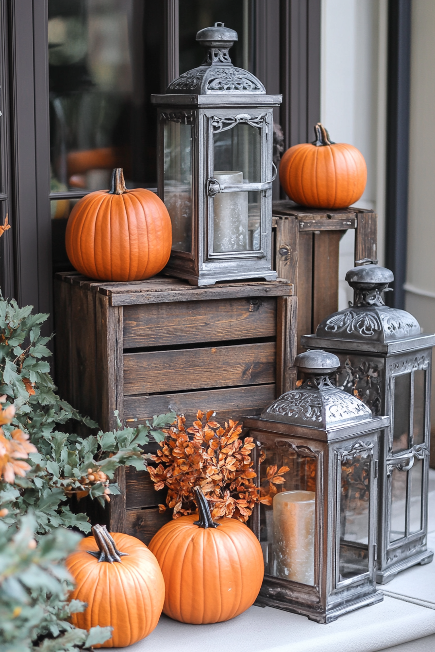 Fall porch. Rustic wooden crates adorned with orange pumpkins and metal lanterns.