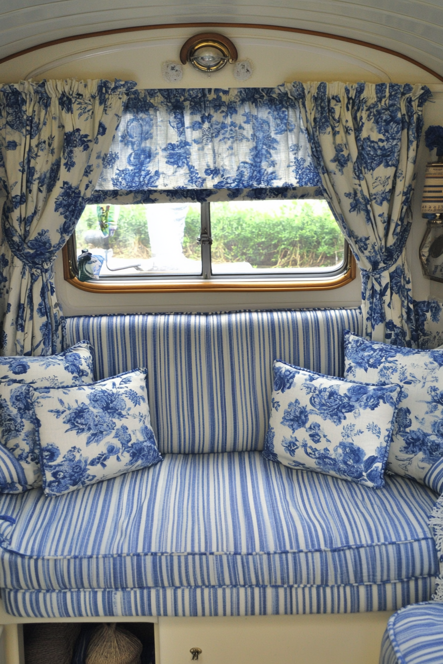 Camper design. Blue chintz upholstery with white-striped curtains.