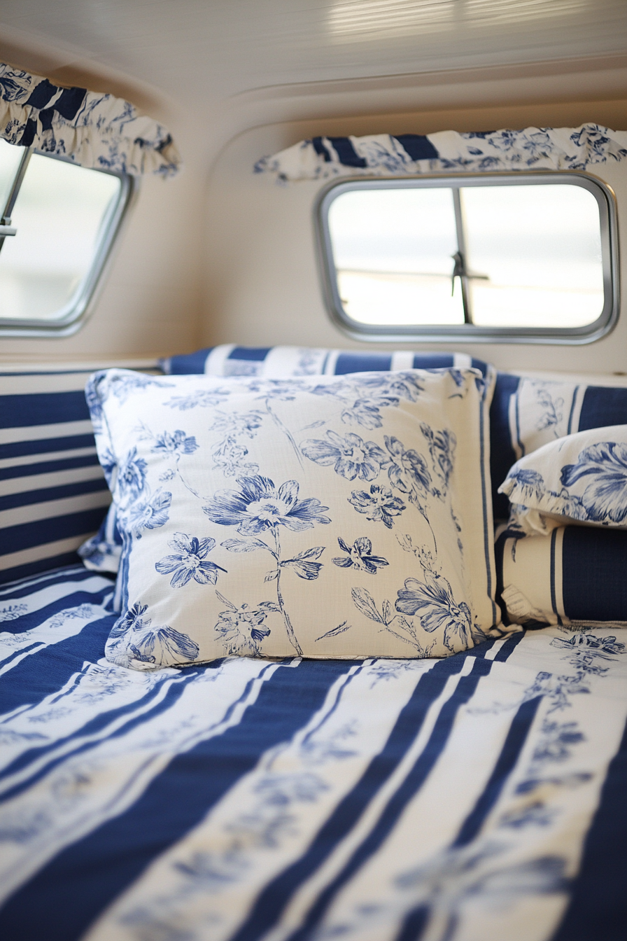 Camper design. Nautical stripes with white flora on soft Chintz fabric.