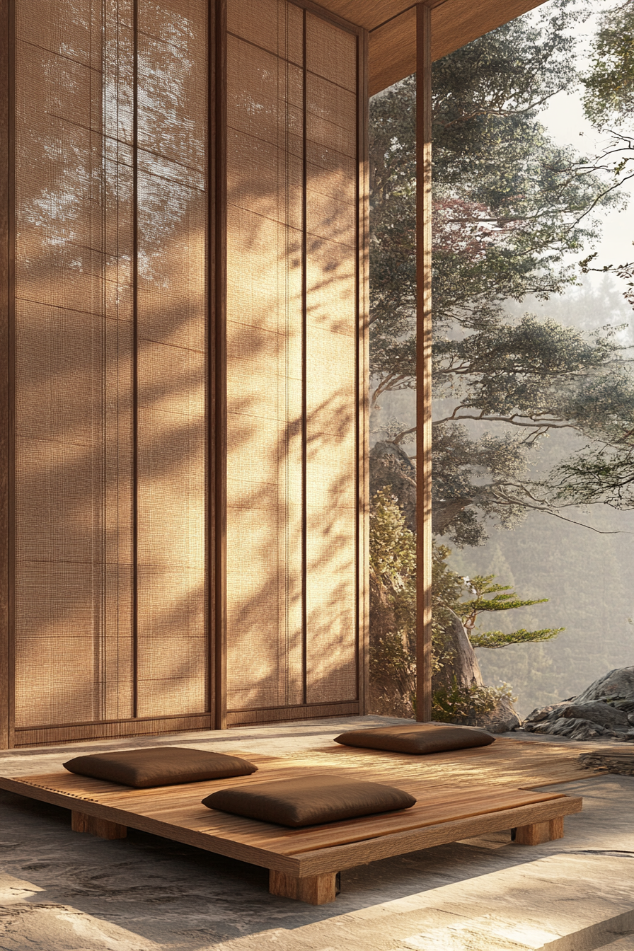 Zen camp concept. Elevated platform with a natural-colored sliding shoji screen.