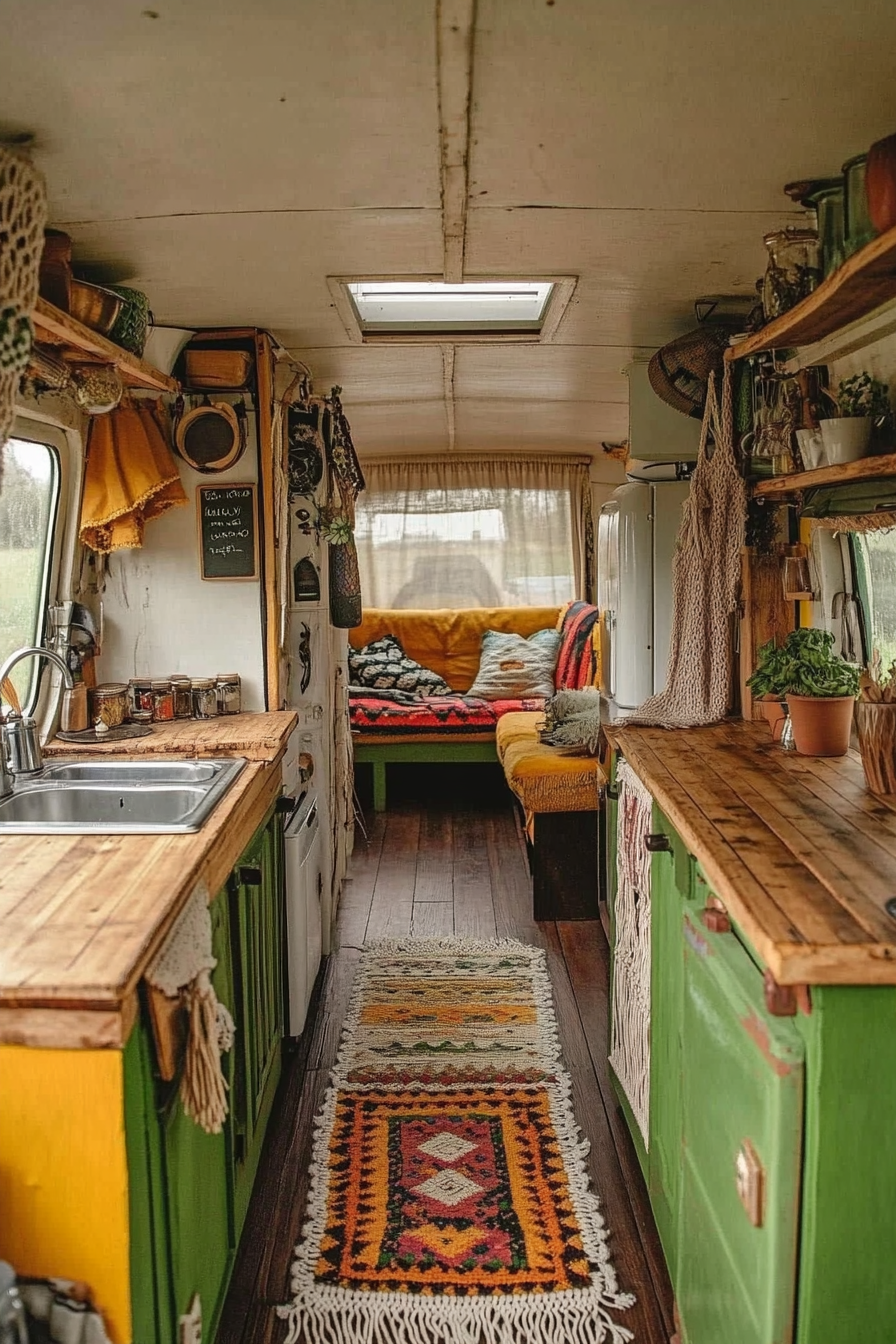 Bohemian camper kitchen. Macramé runner over rattan surface.