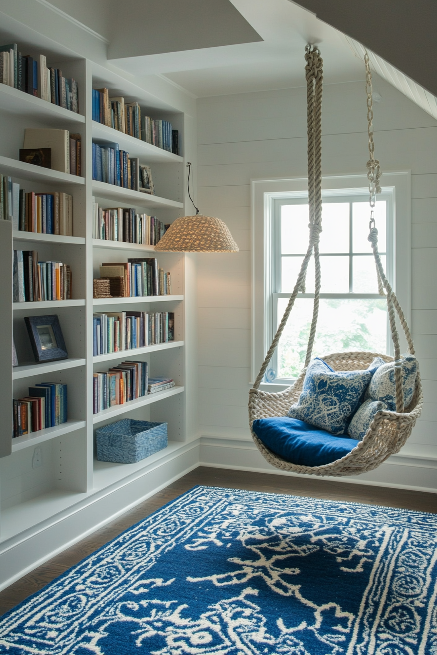 Reading sanctuary. White shelves, blue rug, rope swing chair and floor lamp.