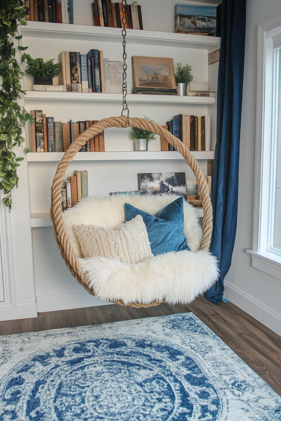 Reading sanctuary. White shelf, blue rug, rope swing chair with faux fur throw.