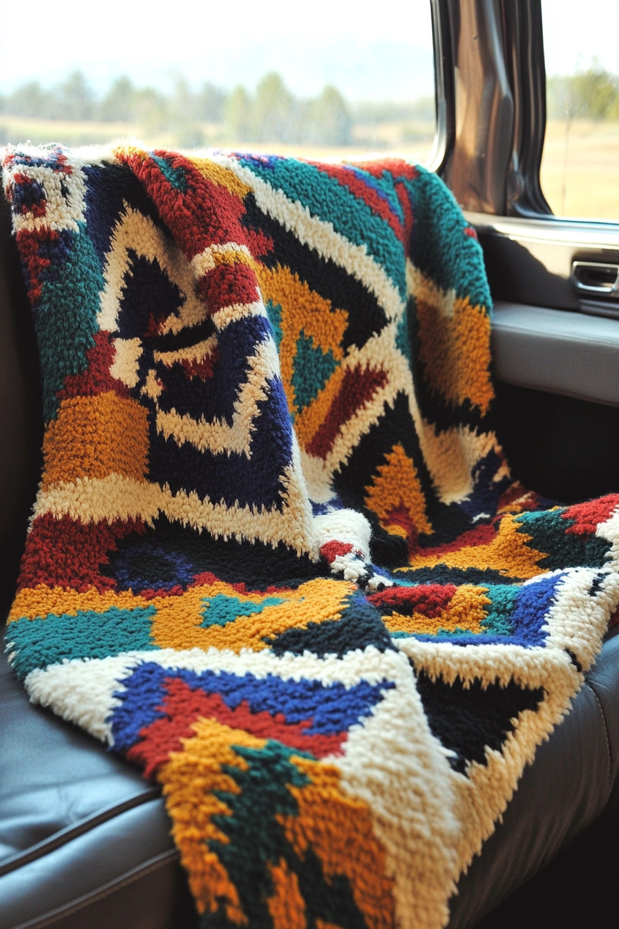 Fall RV decor. Pop-art colored geometric-patterned blanket.