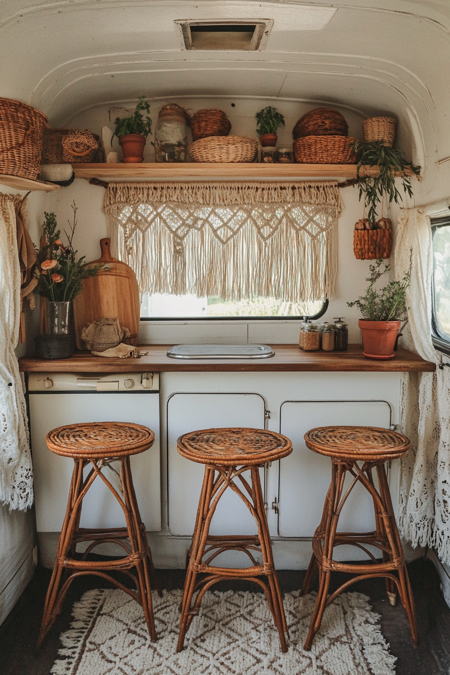 Bohemian camper kitchen. Macramé hangings with terracotta rattan kitchen stools.