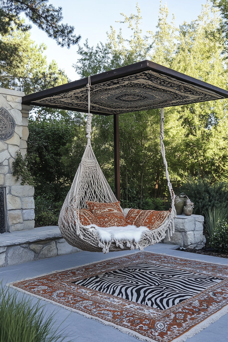 Bohemian patio. Macramé hanging chair oversized paisley patterned canopy above layered zebra print kilim rugs.