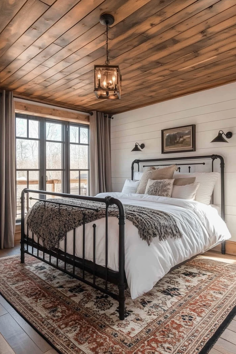 Rustic-chic bedroom. Shiplap ceiling paneling with black wrought iron bed.