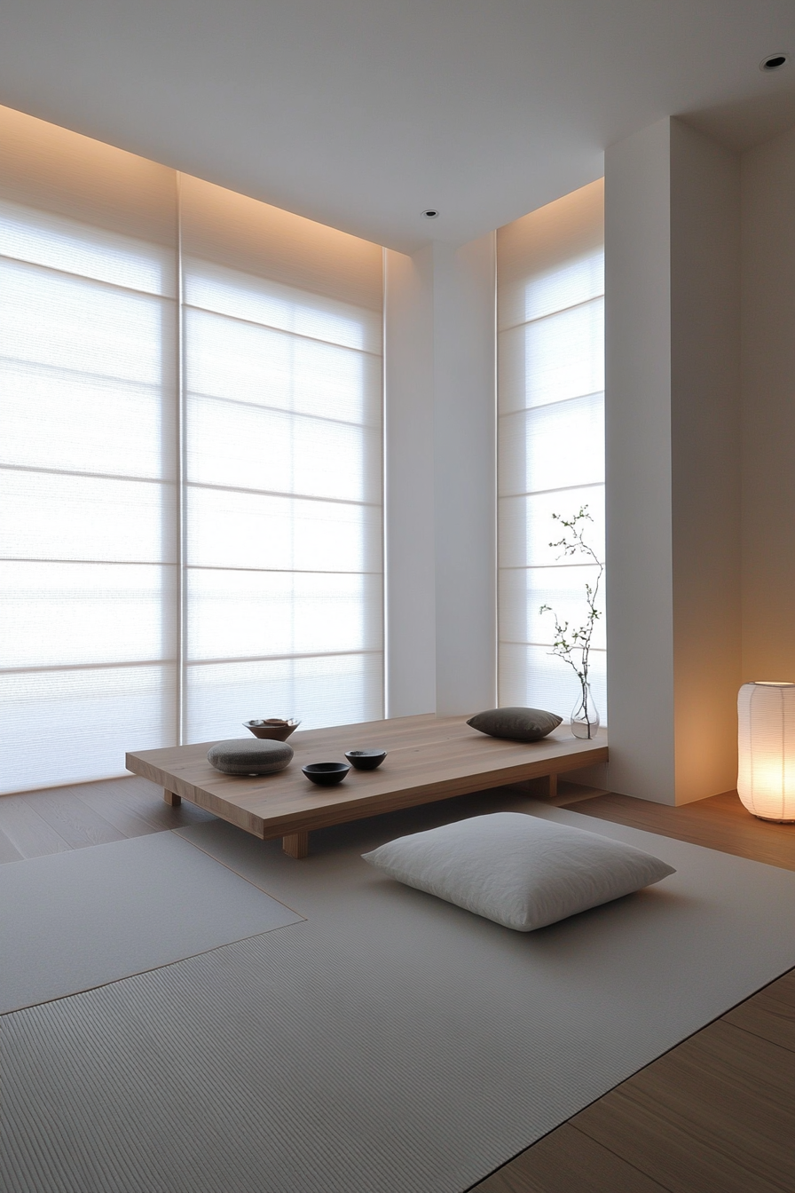 Micro bedroom design. Tatami mat flooring with white minimalist furniture.