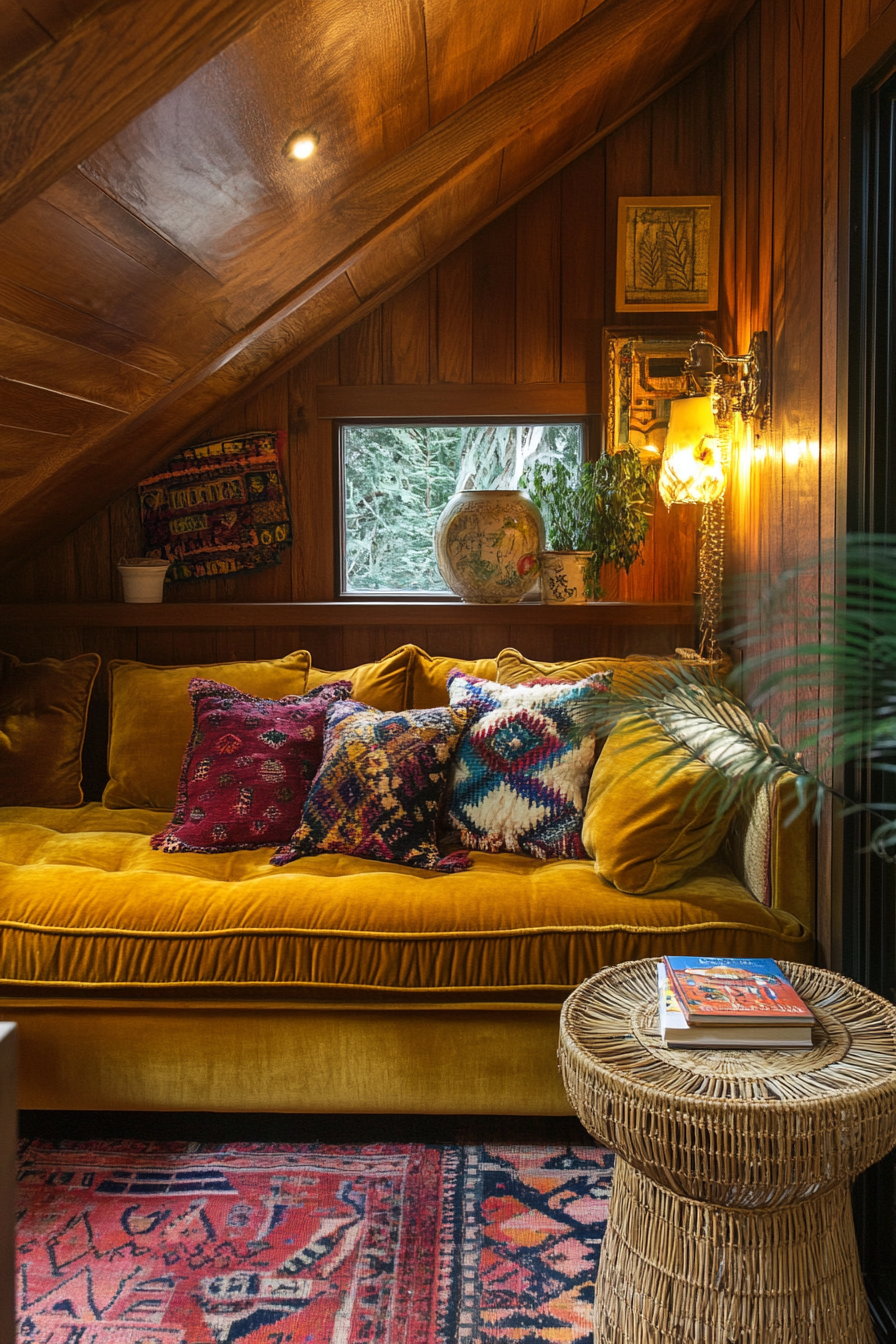 Bohemian tiny home upper level. Velvet mustard sofa with rattan side table.