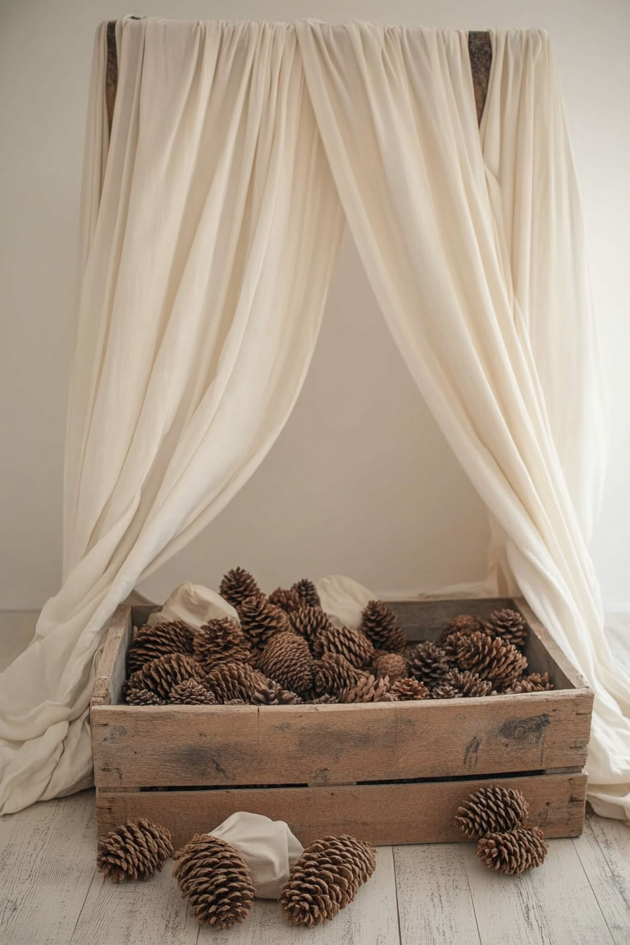 Dreamy play area. Ivory silk canopy overpinning a wooden crate of unfilled pinecone blanks.