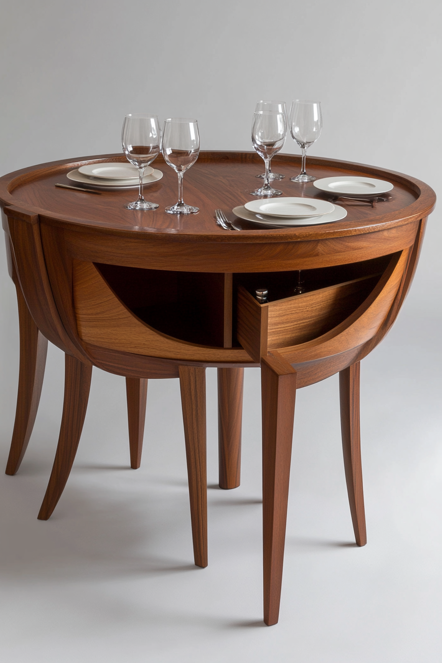 Dining table for small space. Compact, mahogany design with inconspicuous storage compartment