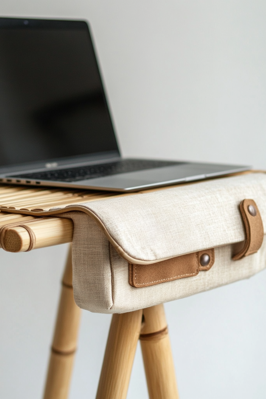 Mobile workspace design. Natural fiber bamboo desk with beige laptop case.