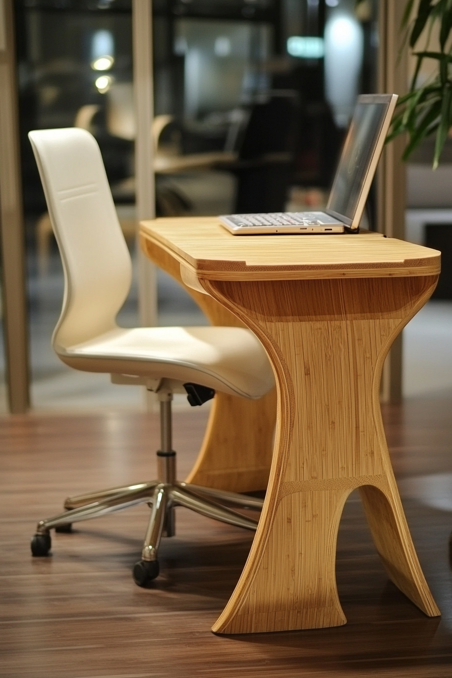 Mobile workspace design. Bamboo desk with cream ergonomics chair.