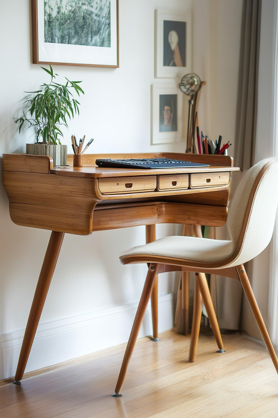 Mobile workspace design. Bamboo desk with neutral cream chair.