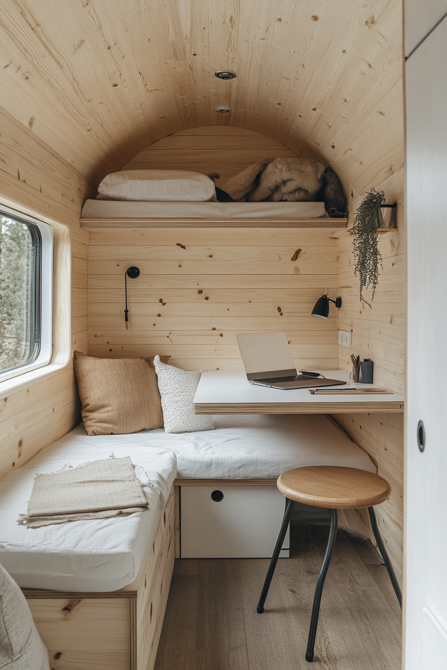 Remote work camper interior. White paneling with plywood built-in desk.