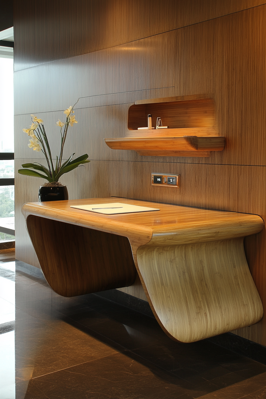 Mobile workspace design. Natural bamboo desk in a taupe room.