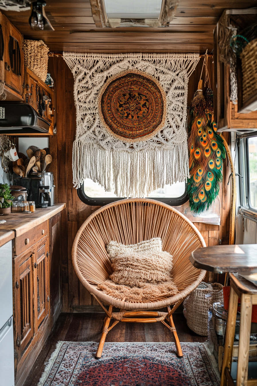 Bohemian camper kitchen. Macramé hangings with a rattan peacock chair.