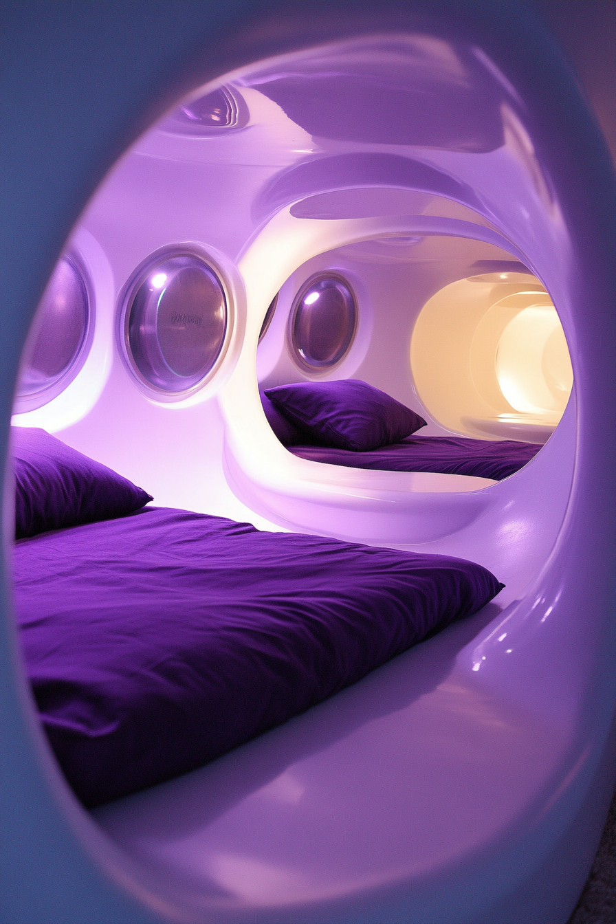 Stacked sleep pod. Futuristic white polysphere design with purple hue smart chromium circular panels.