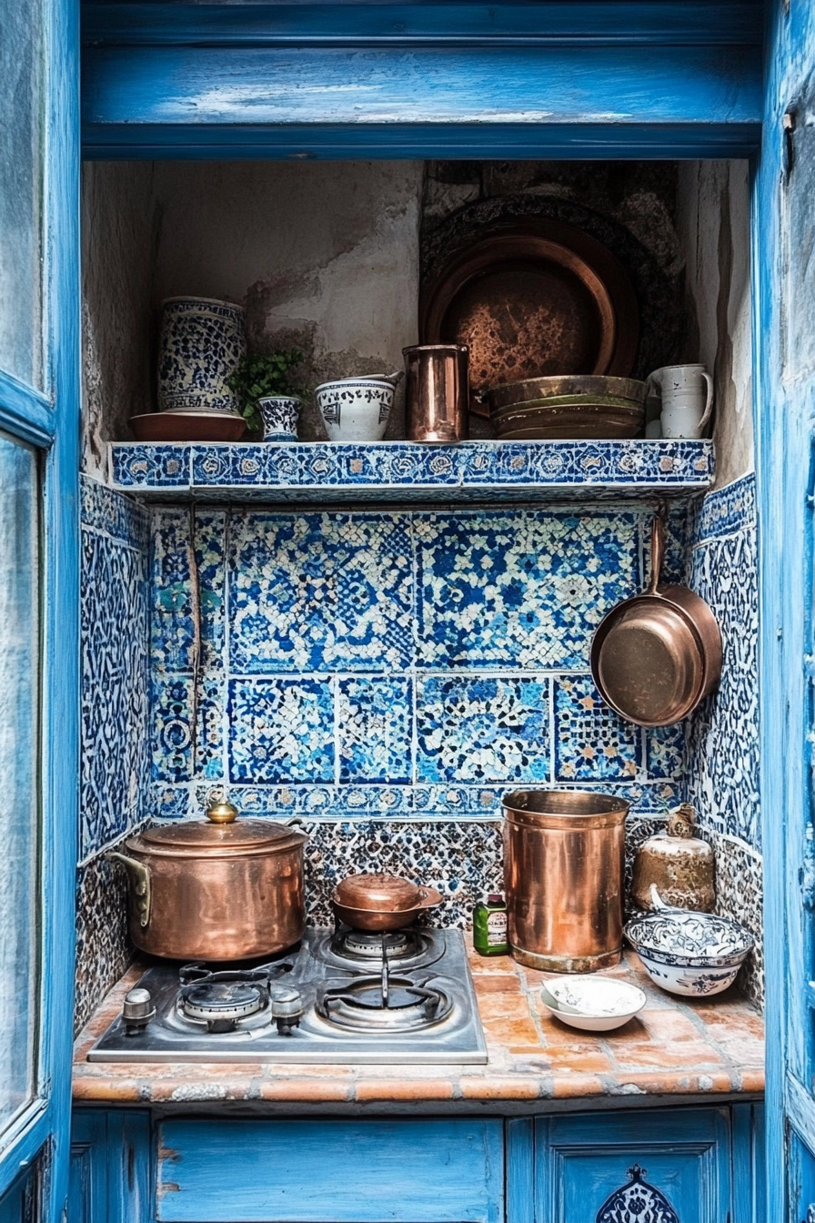 Tiny cooking space idea. Intricate blue Moroccan tiles with copper pots.