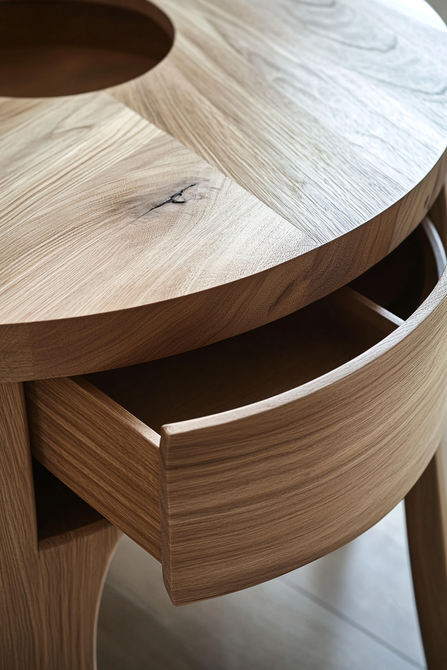 Dining table for small spaces. Round oak table with a concealed drawer.