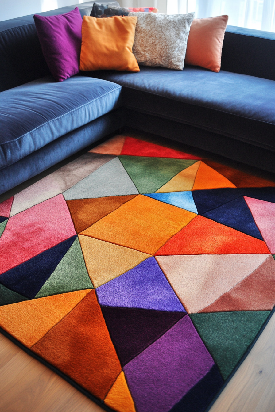 Tiny home decor. Multicolored geometric patterned rug.