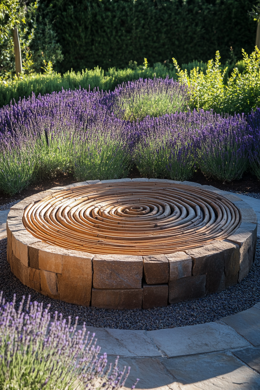 Outdoor Massage Table. Bamboo structure with thin, white cotton canvass.

Meditation Labyrinth Layout. Circular sandstone path surrounded by lavender bushes.