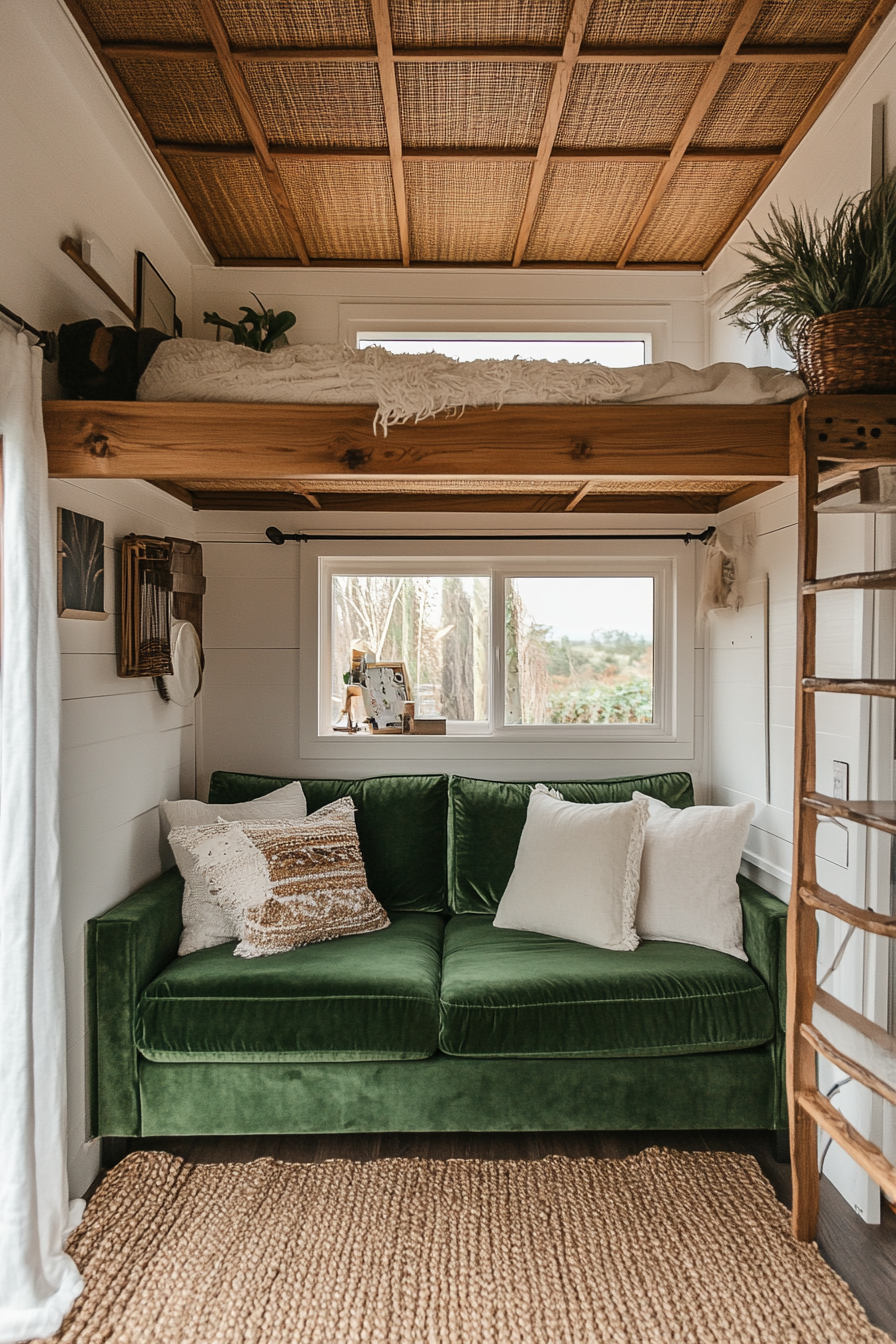 Upper level Bohemian tiny home design. Velvet green couch and rattan ceiling details.