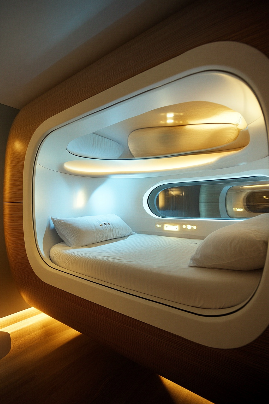 Stacked Sleeping Pods. Rotating pod with smart glass windows and integrated lighting.