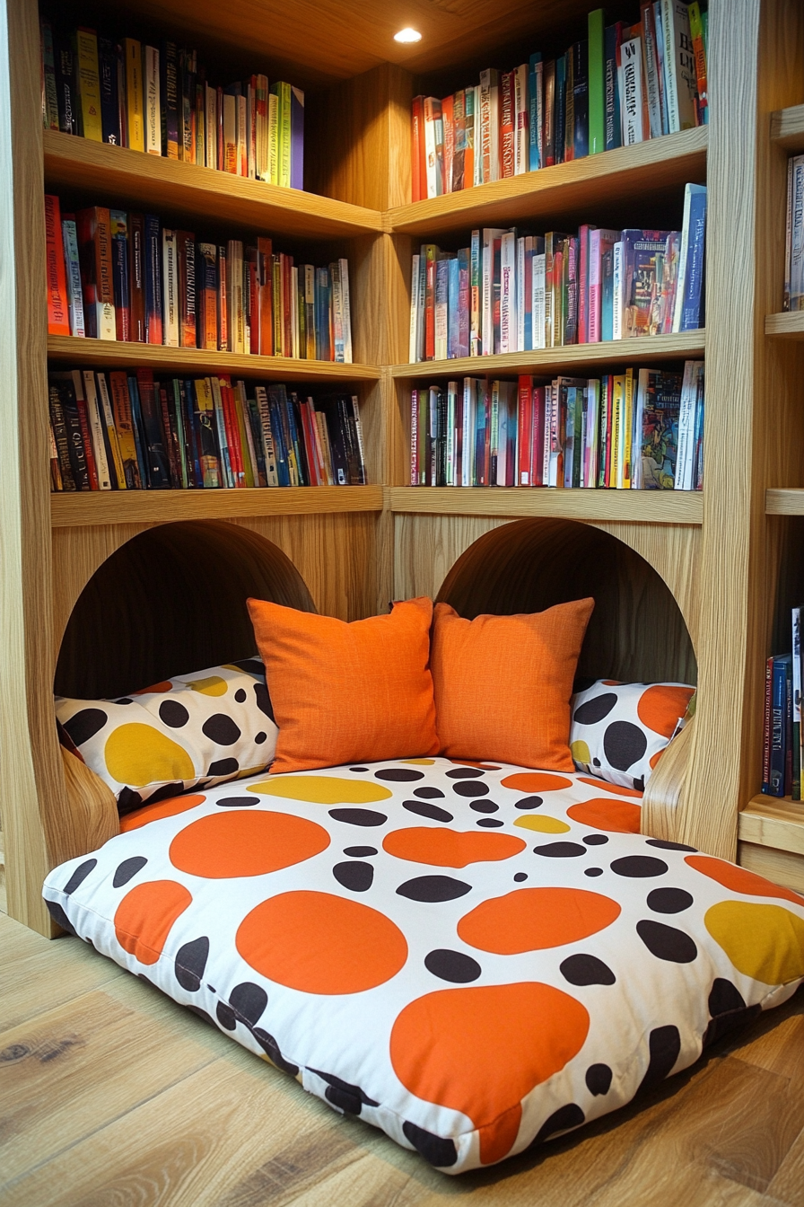 Child-sized library concept. Abstract-pattern floor cushions near oak book carousel.